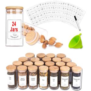 Churboro 24 Glass Spice Jars with Bamboo Airtight Lids, 400 Spice Labels, Funnel and Chalk Marker Set Spice Containers, 4 OZ Glass Storage Jars