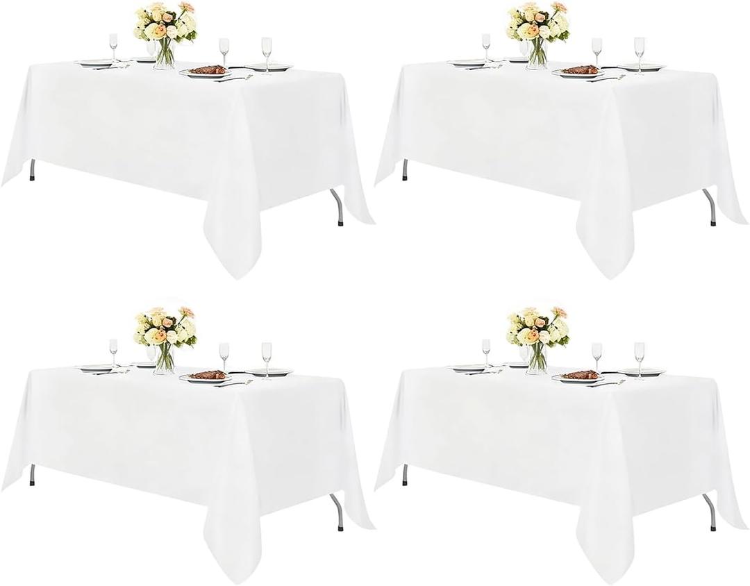 4 Packs White Tablecloth 60 x 126 Inch, Rectangle 8 Feet Table Cloth - Stain and Wrinkle Resistant Washable Polyester Table Cover for Dining Tables, Buffet Parties and Camping
