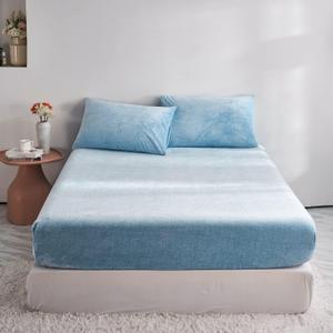 1 Pack Light Blue Plush Velvet Full Fitted Sheet Only, Ultra Soft Shaggy Fleece Fitted Bottom Sheet with 16" Deep Pocket, Warmth Fuzzy Sherpa Velvet Mattress Protector for Fall Winter Spring
