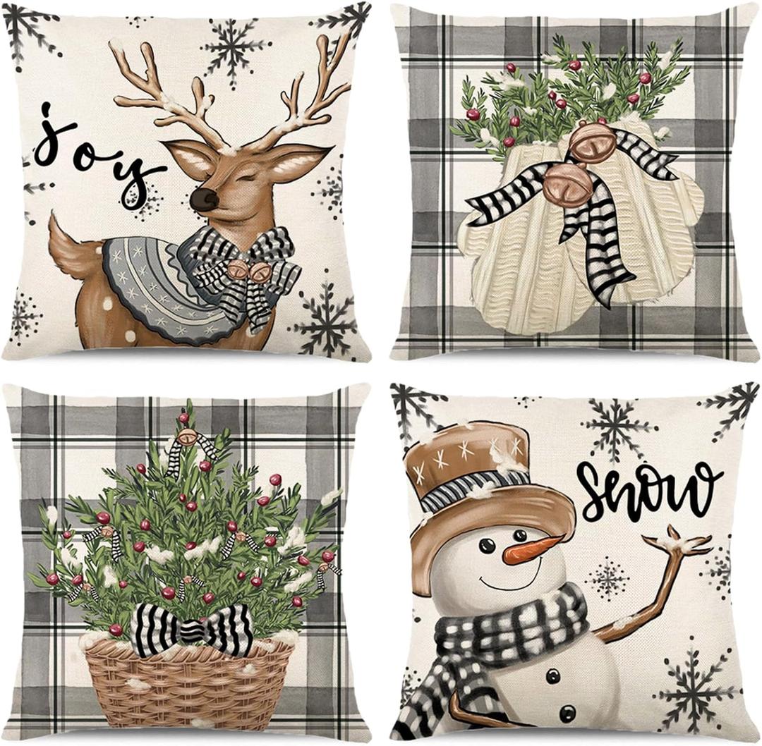 Christmas Pillow Covers 20x20 Set of 4 Farmhouse Christmas Decorations Winter Holiday Xmas Decor Reindeer Gloves Tree Snowman Joy Snow Bell Grey Buffalo Plaid Throw Couch Cushion Cases for Home