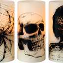 Eldnacele Halloween Flickering Candles with Skull, Spider Web, Crow Raven Decals Set of 3, Battery Operated Halloween Themed LED Candles Horror Spooky Decoration (A-Skull)