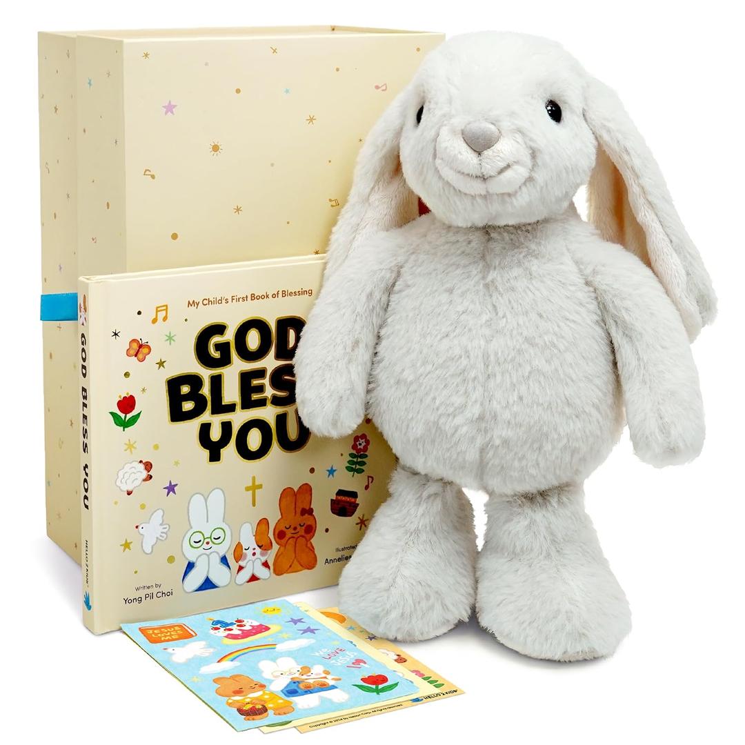 HELLO 2 KIDS Praise Bunny Christian Baby Gift Set  11 Musical Plush with 3 Bible Songs, Blessing Book, Keepsake Box & Stickers  Baptism, Christening, Dedication Gifts for Boys and Girls