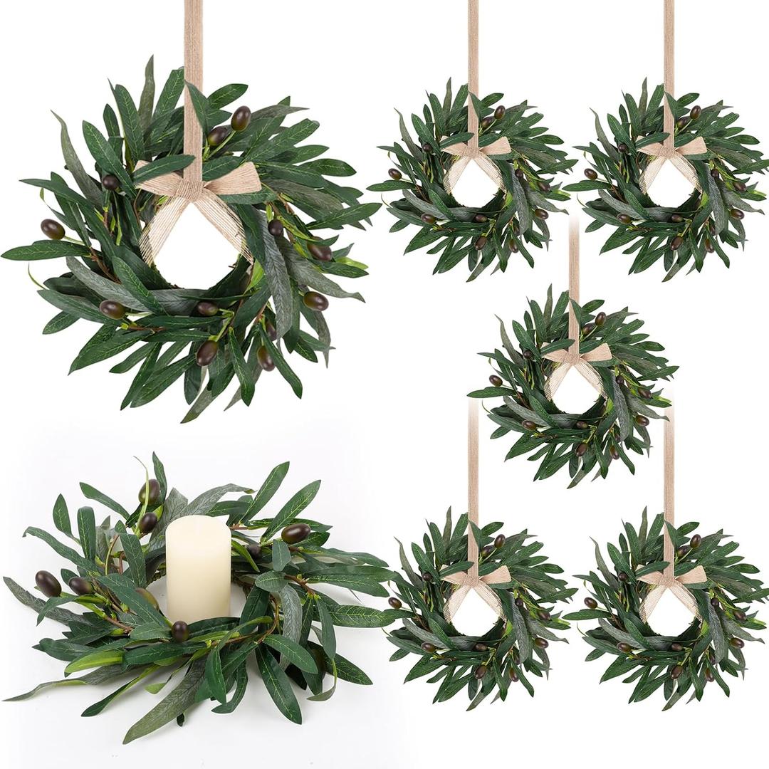 6 Pcs Artificial Spring Olive Wreaths Greenery Wreath with Olive Leaves Mini Green Kitchen Cabinet Wreaths Swag Spring Summer Wreath for Front Door Porch Wall Window Farmhouse Wedding Decoration