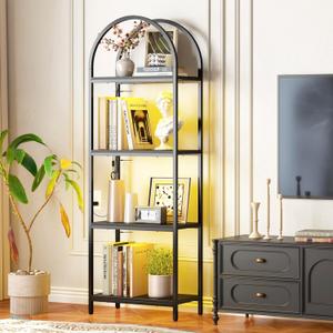Yusong LED Bookshelf 4 Tier Arched Bookcase, 71.3" Tall Industrial Open Book Shelves for Living Room, Modern Freestanding Display Storage Rack with Metal Frame, Office, Bedroom, Black