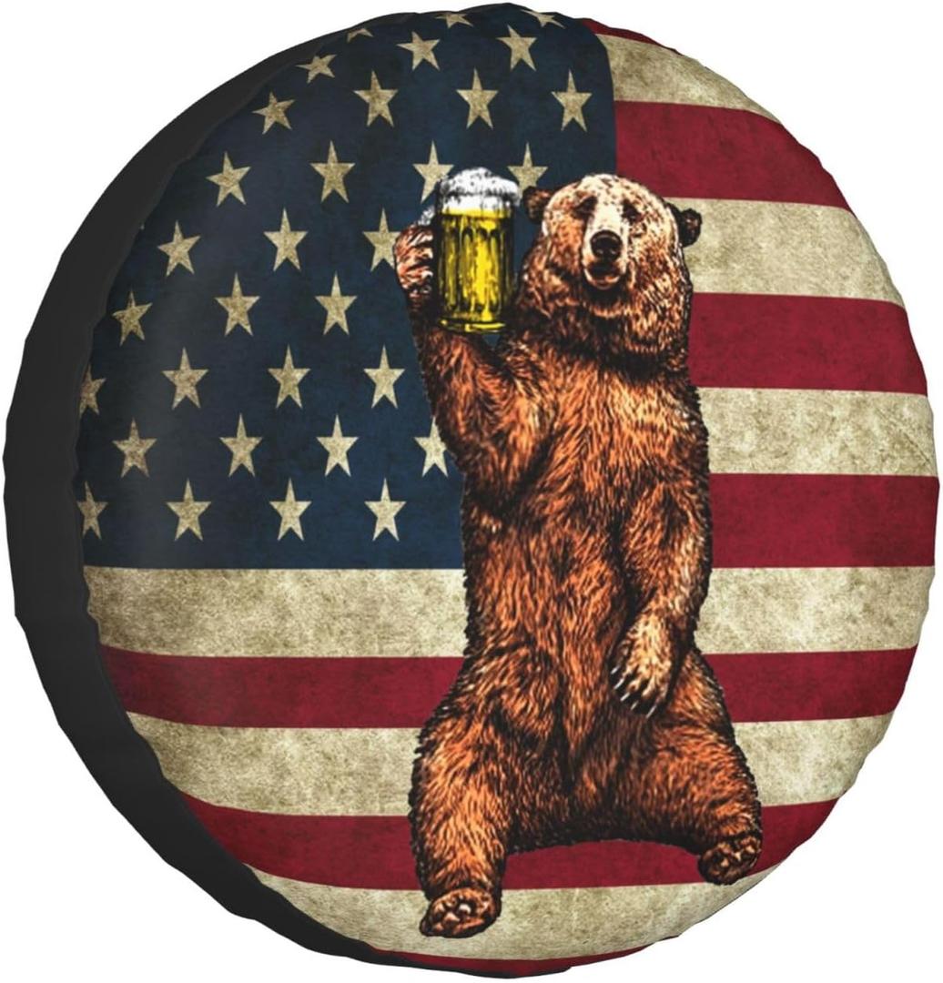 Happy Camper Bear Rv Spare Tire Cover for Trailers RV Wheel Covers American Flag Tire Cover Protectors for Travel Trailer Rv SUV Truck Travel Trailer 15 inch (15 inch (Tire Diameter 70-75cm/27.5-29.5in))