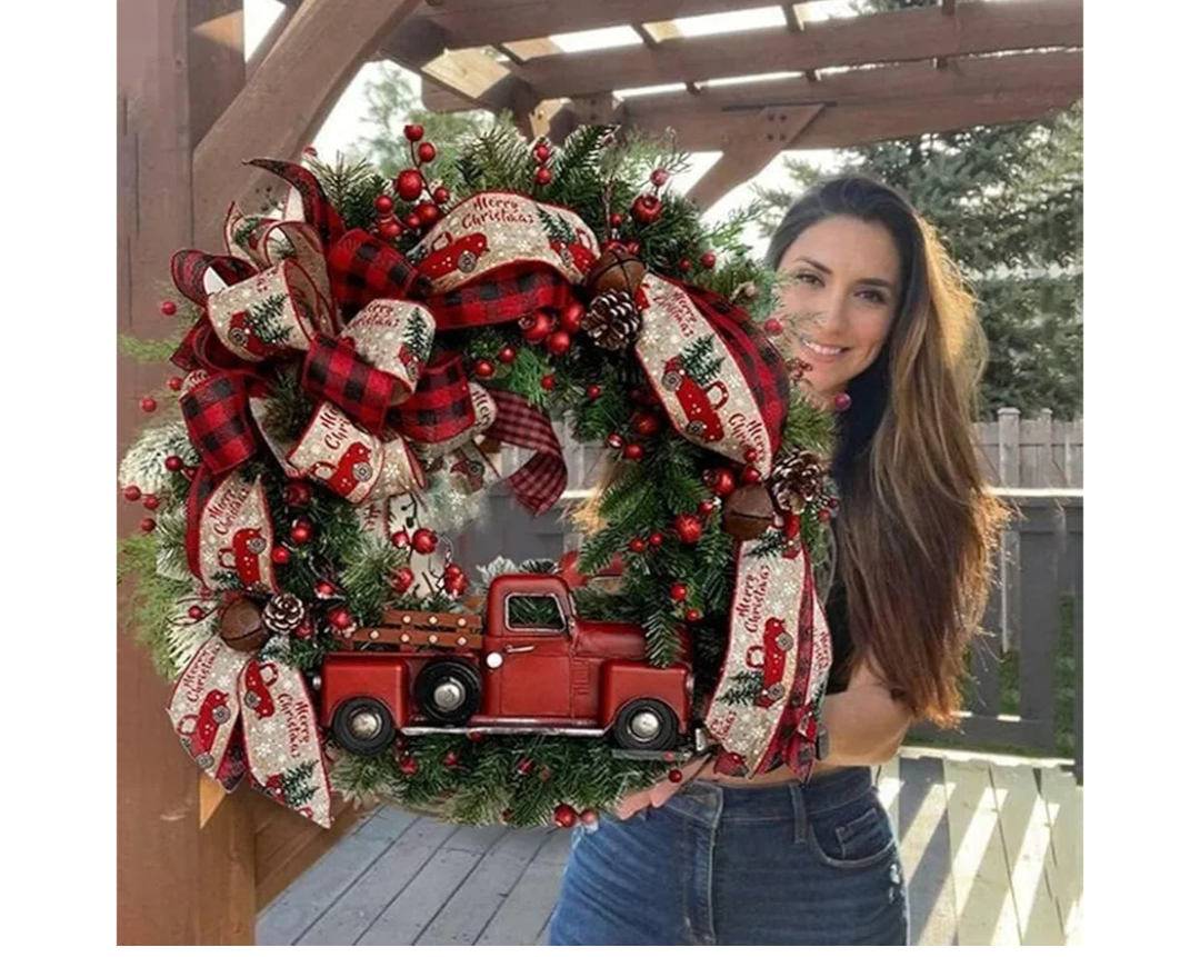 Christmas Wreath for Front Door, 18 Inch Red Truck Christmas Door Wreath with Bowknot, Artificial Red Berries, Rustic Holiday Xmas Decorations Vintage Farmhouse Wreaths for Outdoor, Indoor, Window (C)