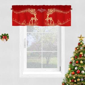 YOSTEV Valance Curtains for Kitchen Windows, Red Sparkle Reindeer Snowflake Christmas Velvet Window Valances, Winter Window Treatment Rod Pocket Valance for Bedroom Bathroom Cafe Room 52x18 inch (Xms 2401)