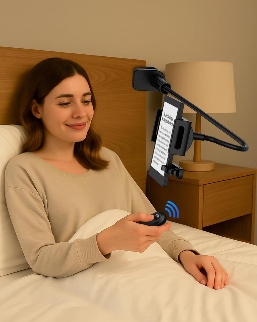 Kindle Holder with Remote Page Turner - Read in Bed Without Blocking Text or Adjusting Margins - Reduce Neck Strain - Quiet Page Turning for Kindle, iPad, iPhone