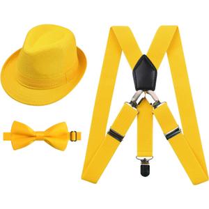 Alizeal 100 Days of School Costume for Kids 2.5cm Elastic Braces 3 Clip Suspender and Bow Tie Set with Fedora Hat (Yellow)