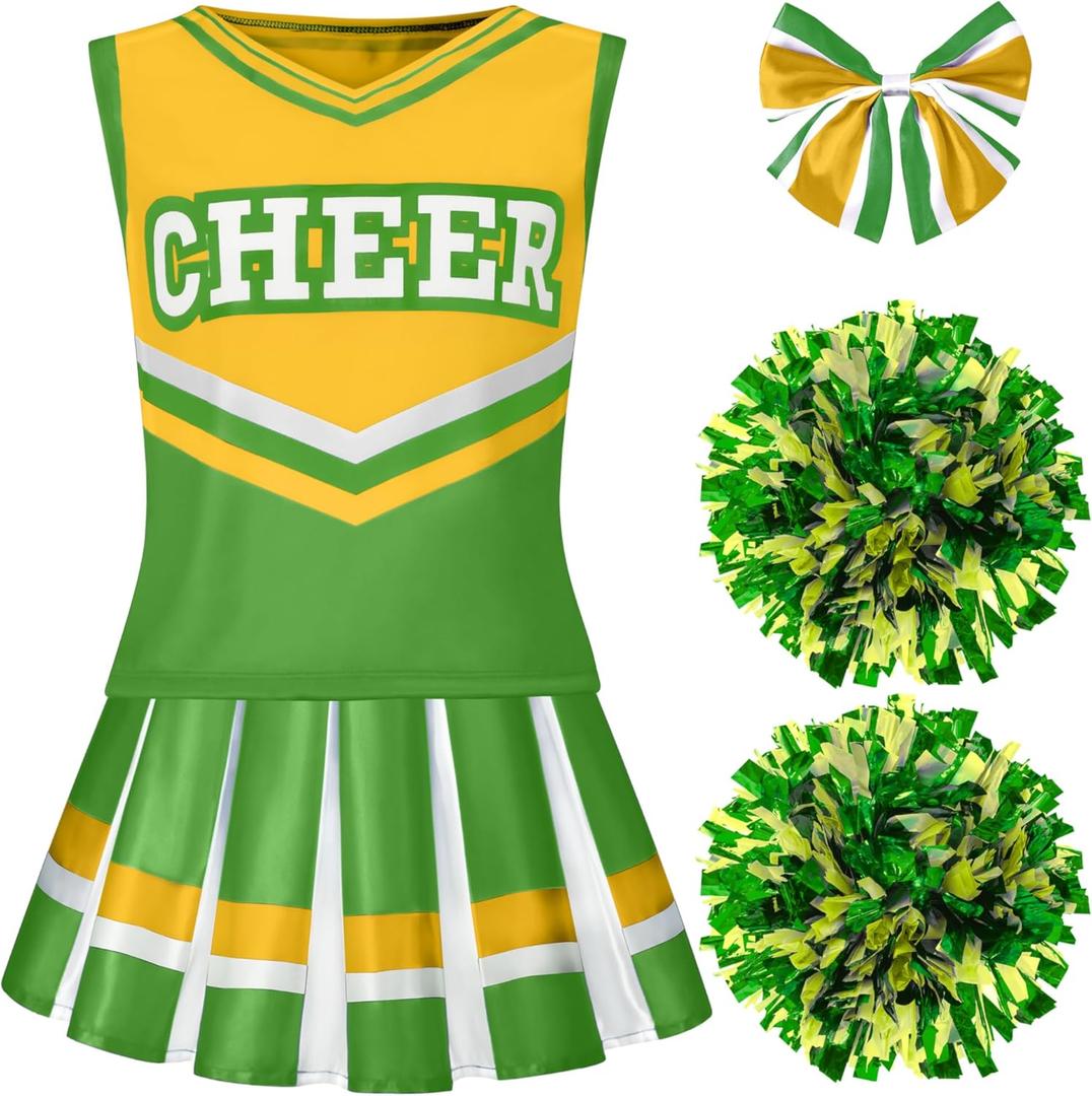 Spooktacular Creations Girl Cheerleader Costume, Halloween Cute Cheer Uniform Outfit with Accessories for Dress Up Parties (Small(5-7 yrs), Yellow Green)