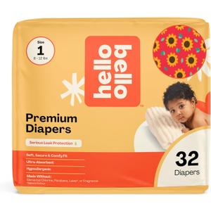 Hello Bello Diapers, Size 1 (8-12 lbs) Flower Child, 32 Count of Premium Disposable Baby Diapers, Hypoallergenic with Soft, Cloth-Like Feel