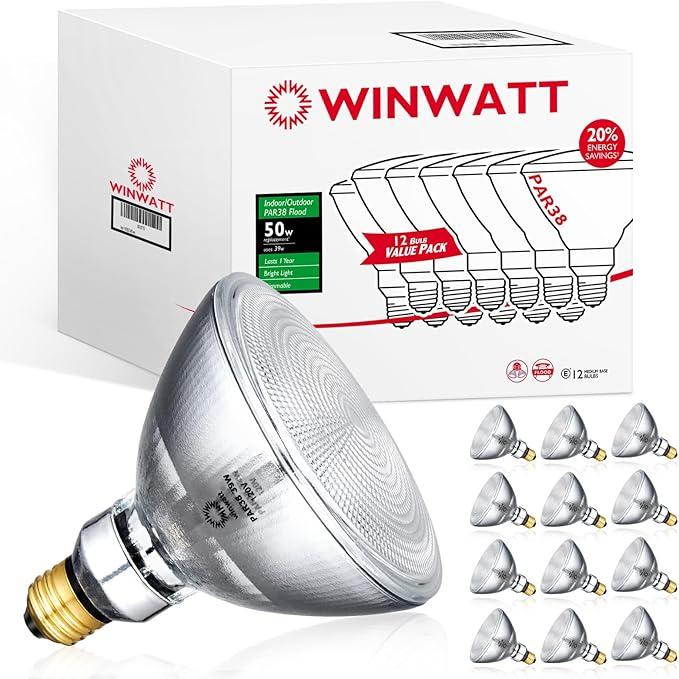 WinWatt PAR38 Flood 25-Deg. 39W, 12-Pack 50W Eq. EcoPAR Halogen Light Bulb E26 Dimmable 2900K CRI100 120V (Count of 12)