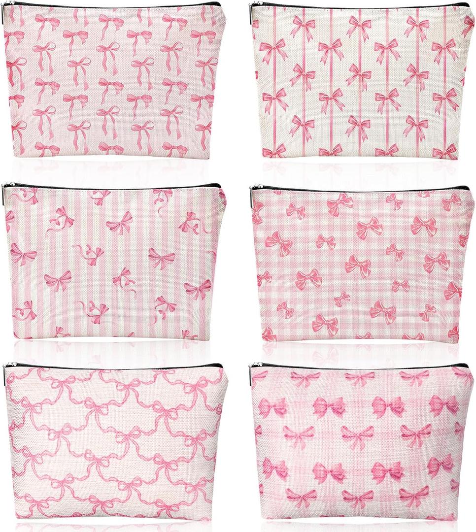 Kacctyen 3 Pack Pink Coquette Bow Makeup Bag Preppy Cosmetic Bags Zipper Pouch Travel Toiletry Bag Pink Trendy Pouch Bag Gift for Coquette Birthday Paty Favor Girls Travel Storage Accessories