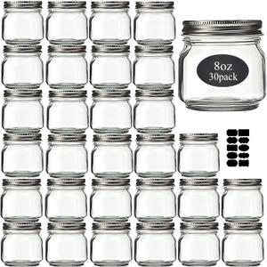Mason Jars 8 oz 30 Pack- Small Mason Jars With Silver Lids -1/4 Quart Canning Jars| Storage Glass Jars With Lids For Jelly, Jam, Honey, Pickles - Spice Glass Jars - With 30 Chalkboard Labels
