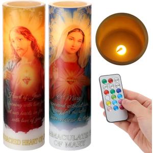 Landhoow 2 Pcs Jesus Candles Religious Flameless LED Prayer Candle Real Wax Baptism Candle Set Immaculate Heart of Mary and Sacred Heart of Jesus Battery Operated with Remote Control