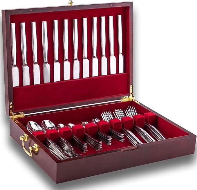 GENRICE Wooden Silverware Chest without Silverware Doublelayer, Silverware Box Storage for Silver, Silverware Case with Handle and Felt Lined, Flatware Chest for 12 or 16 or more sets of Utensils