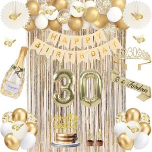 30th Birthday Decorations for Her, Champagne Gold Happy 30th Birthday Decorations for Her, 30 Sash and Crown, Banner, Fringe Curtains, Hanging Paper Fans, 30 Year Old Party Supplies Set