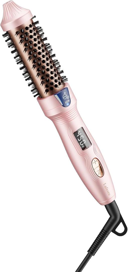 Lafesro Thermal Brush, MINI & Tiny 1 Inch Ionic Curling Brush for Shiny Hair, Tourmaline Ceramic Ionic Curling Iron Brush for Short to Medium Hair, Adjustable Temperature, Dual Voltage, Compact-Size (Pink)
