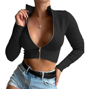 Artfish Women Long Sleeve Turtleneck Ribbed Crop Top Zipper Sexy Cropped Fitted Shirts (Large, 03# Black)
