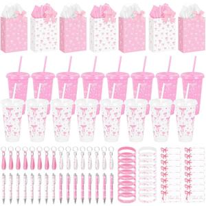 162Pcs/20 Sets Bow Party Favors, Coquette Bow Gift Bags with 24OZ Plastic Cups Wristbands Keychains Pens and Cards for Girl Gatherings Birthday Party Wedding Bridal Baby Shower Gifts