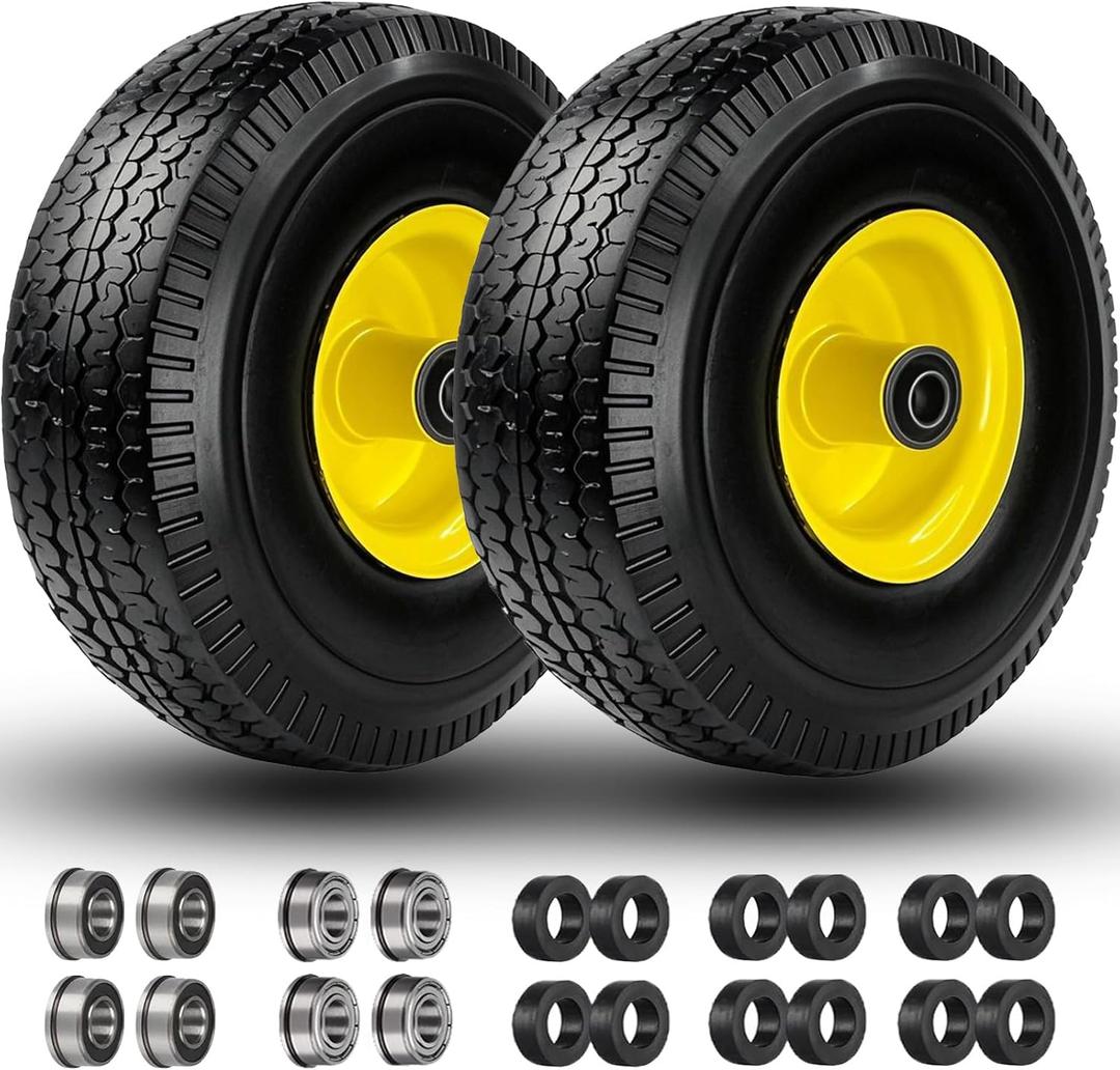 4.10/3.50-4" Flat Free Tire and Wheel, 10" Solid Tire with 5/8" Axle Bore Hole with 3/4" & 1/2" Extra Bearings, 2.2" Offset Hub for Wheelbarrow Hand Truck Garden Wagon Cart Trolley Dolly Lawn Mover (yellow)