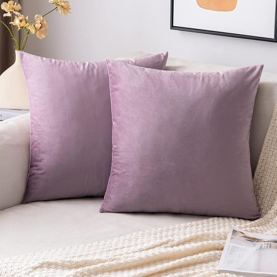 EMEMA Pack of 2 Velvet Throw Pillow Covers Decorative Square Pillowcase Soft Solid Cushion Case for Sofa Bedroom Chair Car 18x18 Inch Pink Purple