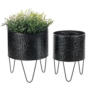 MyGift 8 and 10 Inch Modern Matte Black Metal Planter Pots with Pebbled Texture, Hammered Plant Containers with Matte Black Wire Stands, 2 Piece Set - Handcrafted in India