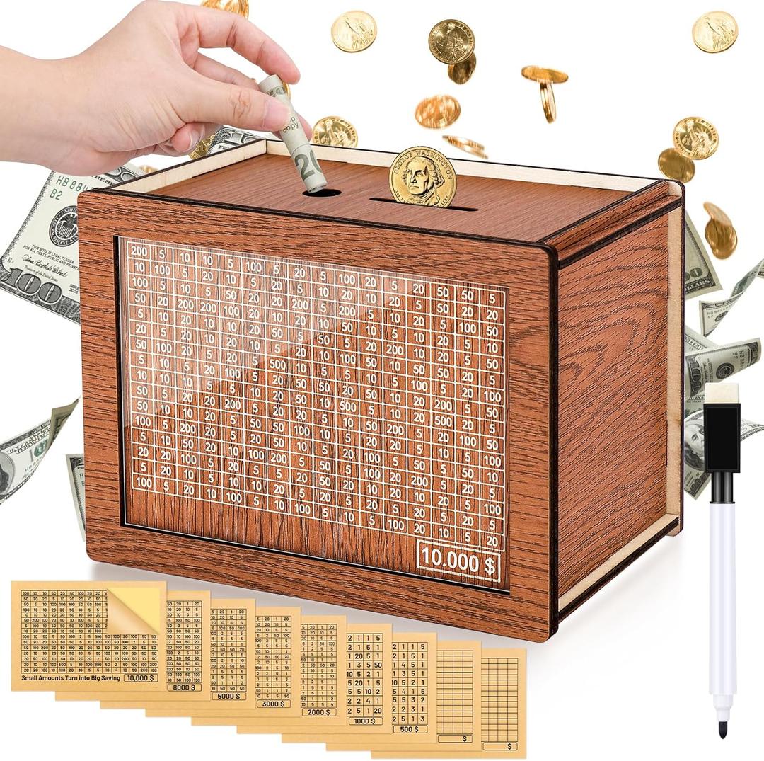 Wooden Money Box for Cash 10000, Plus Size 10000 Savings Challenge Box, Reusable Kakeibo Money Saving Box with 9 Saving Goals 10000 8000 5000 3000 2000 1000 500 Dollars for Adults