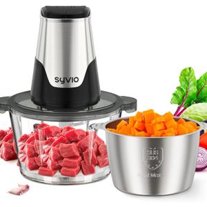 Syvio Food Processors with 2 Bowls, Meat Grinder 4 Bi-Level Blades, Mini Electric Food Chopper 450W, for Baby Food, Meat, Onion, Vegetables, 2 Speed, 8 Cup and 8 Cup