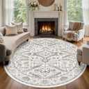 8x8 Round Area Rugs for Living Room-Washable Soft Large Vintage Rug Non-Slip Stain Resistant Traditional Stain Resistant Indoor Floor Low Pile Carpet for Bedroom Dining Room or Home Office- White