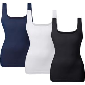 EUYZOU Women Tummy Control Shapewear Tank Tops Seamless Square Neck Compression Tops Slimming Body Shaper Camisole (Medium, Black/White/Navy 3 Pack)