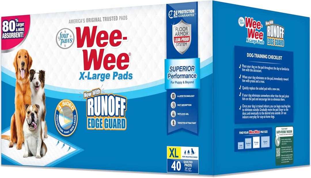 Four Paws Wee-Wee Superior Performance Pee Pads for Dogs with Runoff Barrier Edge Guard Protection, Puppy & Dog Potty Training Pads, Housebreaking Supplies, 28" x 34" (75 Count) XL