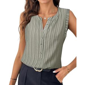 Womens Sleeveless Button Down Shirts Blouses Striped Casual Business Tank Tops Office Work M