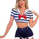 WDIRARA Women's 3 Pieces Sailor Costume Cosplay Striped Crop Top with Shorts Lingerie Set (Blue and White)