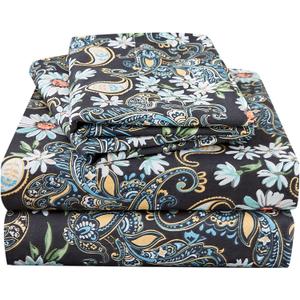 JSD Black Paisley Floral Printed Sheet Set King Size, 4 Piece Soft Pattern Microfiber Sheets Extra Deep Pocket