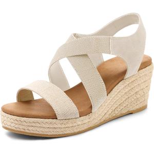 mysoft Women's Platform Espadrille Wedge Sandals Open Toe Elastic Ankle Strap Crisscross Slip on Summer Shoes (8, Natural Fabric)