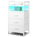 Night Stand Bedside Charger Bedroom - Nightstand with Charging Station, Bed Side Table with LED Light Strip, End Table with U-S-B Ports & AC Outlets, Storage Shelf & 3 Fabric Drawers, White