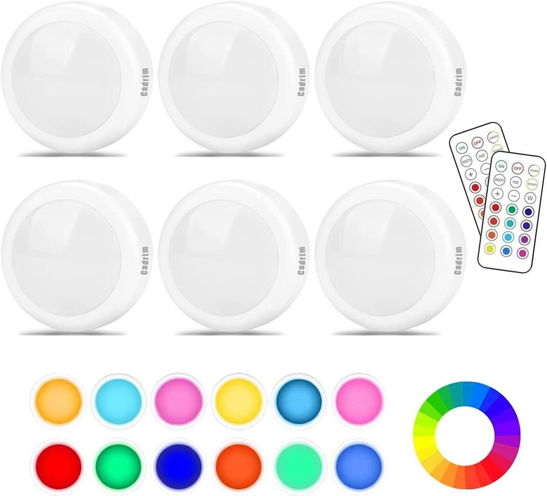Cadrim Puck Lights, 13 Colors Changeable LED Puck Lightings, LED Lights for Bedroom, Under Cabinet Lights, Under Cabinet Lighting with 2 Wireless Remote Controls for Kitchen(6 Pack) (Multicolor)