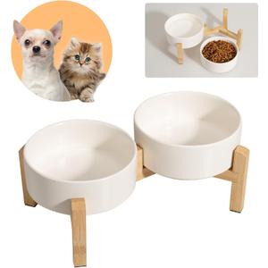 Elevated Ceramic Dog Bowl Set - Raised Feeding Bowls with Non-Slip Bamboo Stand - Small Pet Dishes for Food and Water - Ideal for Cats and Puppies - 16.23 OZ - 2 Cups - 480 ML (White)