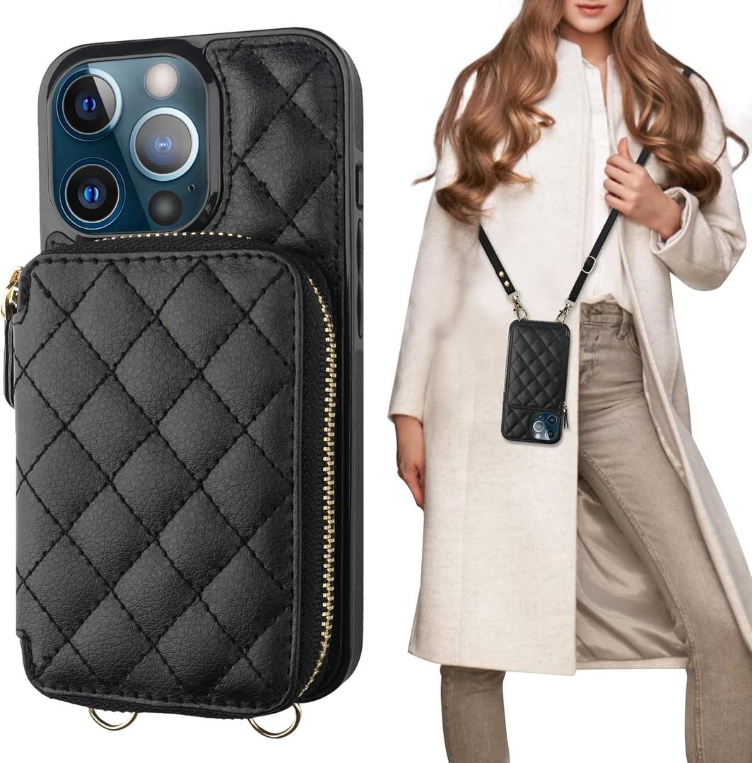 Bocasal Crossbody Wallet Case for iPhone 13 Pro, RFID Blocking PU Leather Zipper Handbag Purse Flip Cover, Kickstand Folio Case with Card Slots Holder Wrist Strap Lanyard 5G 6.1 Inch (Black)