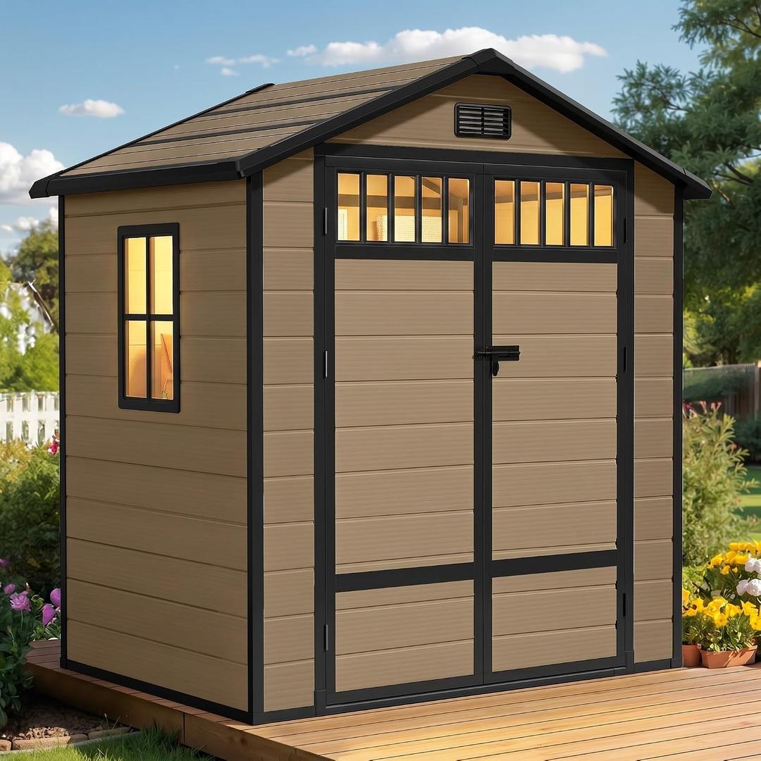 DWVO Outdoor Storage Shed, All-Weather Resin Plastic Storage Shed with Windows, Slanted Roof, Raised Floor, Capacity for Garden Tools/Equipment, Ideal for Backyard Garden