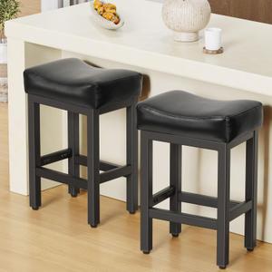 Counter Height Bar Stools Set of 2, 24 Inch Barstools for Kitchen Island Counter, Bonded Leather Kitchen Stools with Thick Saddle Seats & Heavy Duty Metal Base, Easy Assembly, All Black (2Pack, 24 Inch - All Black 02)