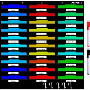 Vantasii Organization Center Pocket Chart, Wall File Organizer Folder with 30 File Pockets, 30 Dry-Erase Cards Plus 5 Over The Door Hooks and 8 Wall Hooks, 47 X 42 inch
