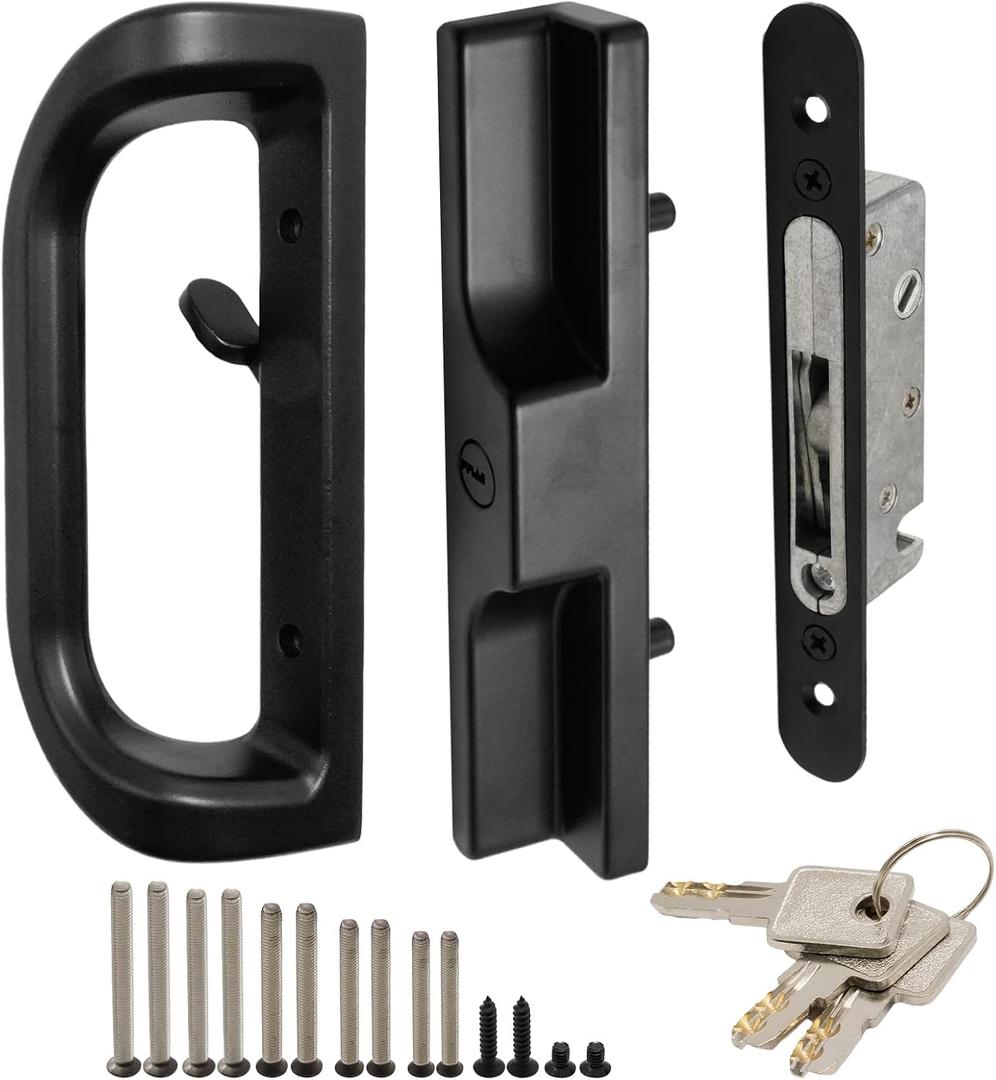 Patio Sliding Door Handle Set with Mortise Lock and Key Cylinder, Sliding Door Latch Lock Replacement for 3-15/16 Screw Hole Spacing, Door Thickness from 1 to 1.75 in