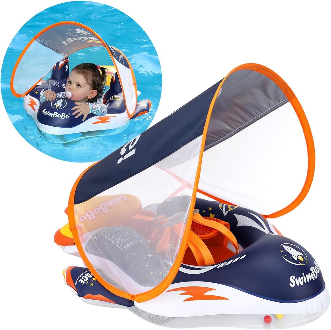 Swimbobo Inflatable Baby Swimming Float with Safe Bottom Support and Retractable Fabric Canopy for Safer Swims (Space Blue, Large)