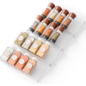 Yieach 4 Pack Adjustable Narrow Spice Rack for Drawer - Expandable From 9" to 17.7" - Acrylic Drawer Seasoning Organizer,Tiered Clear Spice Tray for Spices,Condiment,Nail Polish and Jar Organization