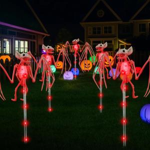 2 x 2PCS of Set Solar Garden Lights Outdoor for Halloween Decorations,3D RED Scary Bat Realistic Skeleton Decor for Halloween Party Decor,Solar Bats Path Lights for Lawn/Porch/Creepy Grave Décor