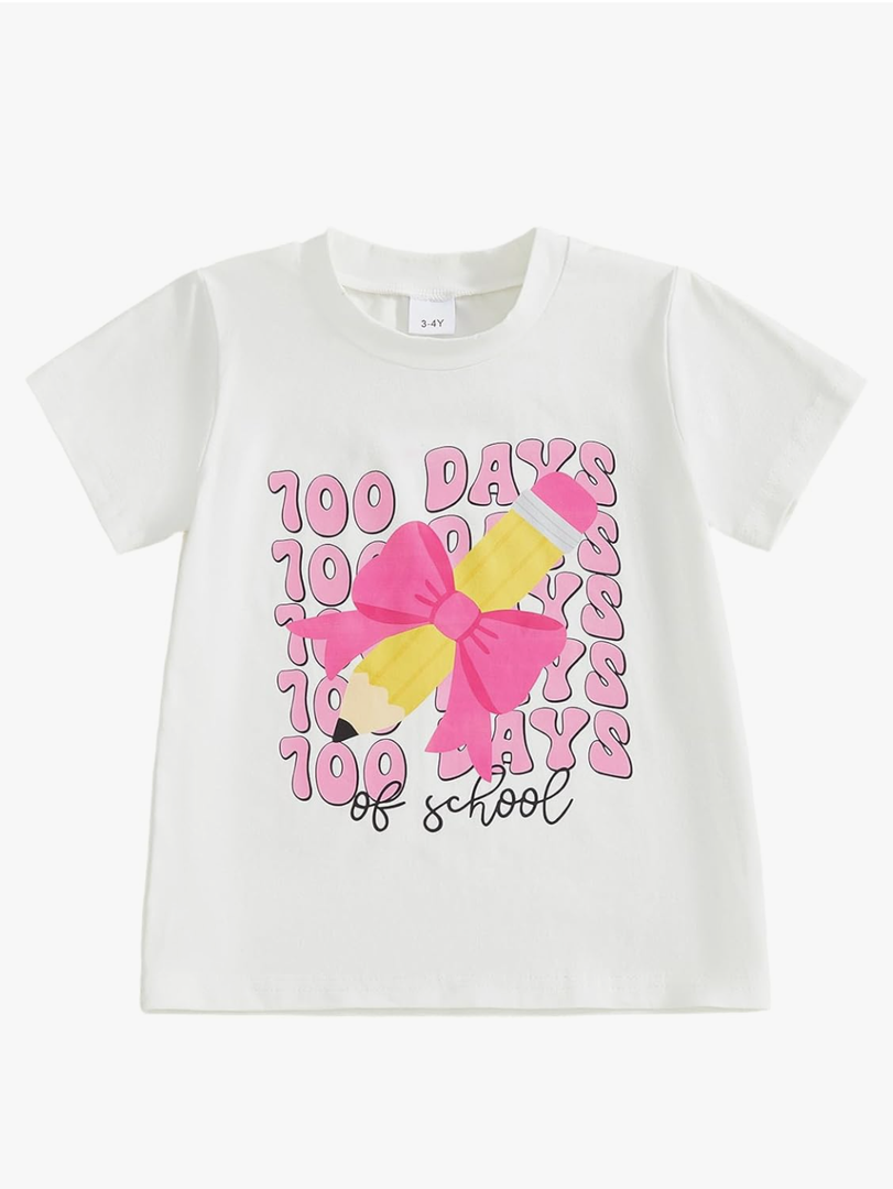 Little Girls 100 Days of School Shirt Toddler Kids Cute Short Sleeve Pencil Bow Print Tee Tops 3T 4T 5T 6Y 7Y 8Y 9Y