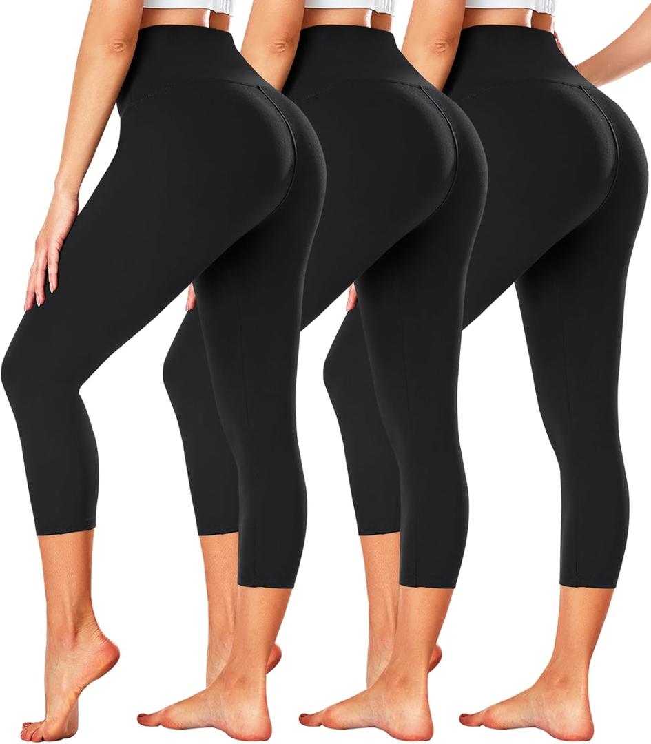 FULLSOFT 3 Pack Capri Leggings for Women - High Waisted Tummy Control Black Workout Yoga Pants (Small-Medium)