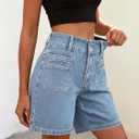 EMMIOL Bermuda Jean Shorts for Women Long Knee Length High Waisted Stretchy Cotton Jorts with Pockets Denim Summer Clean Fit